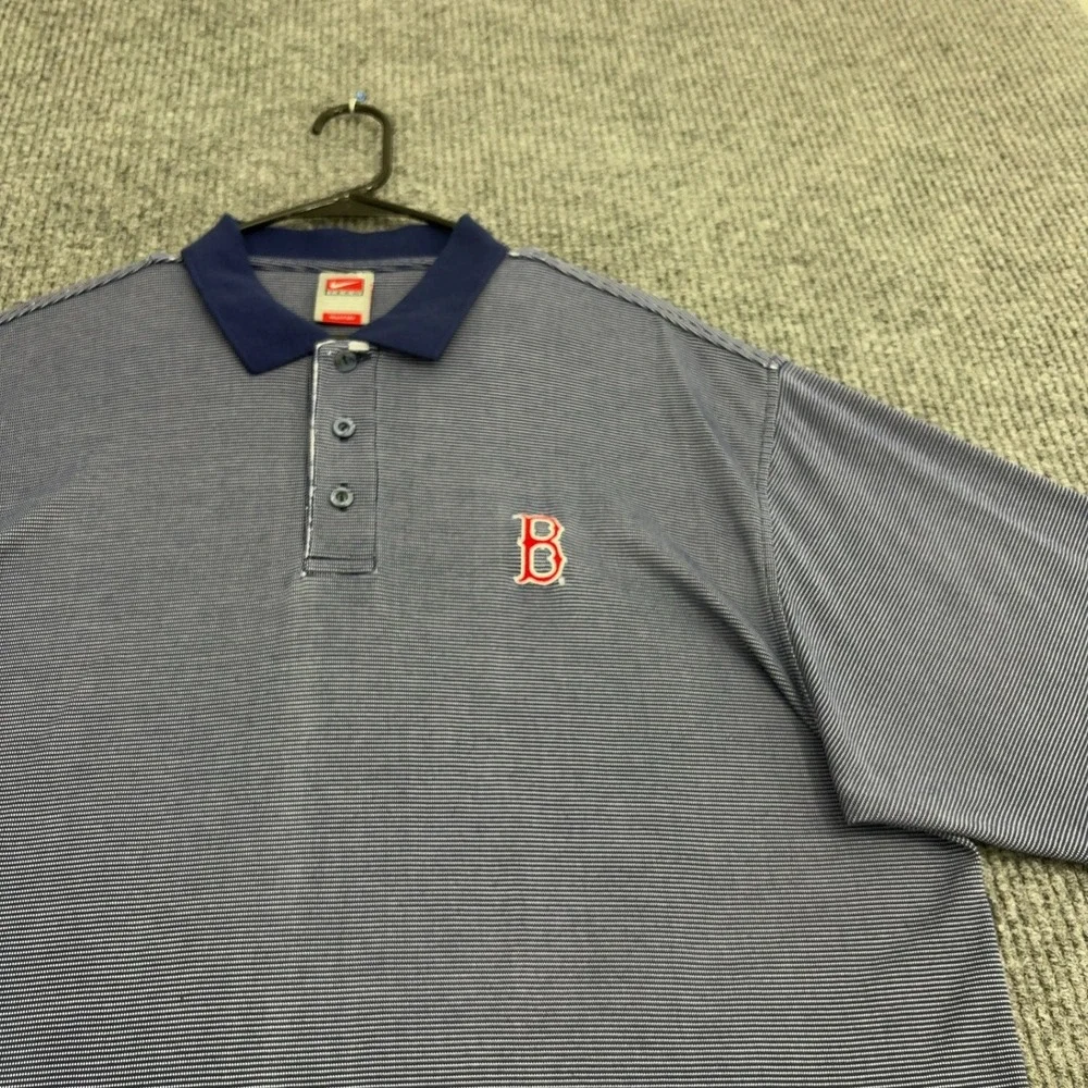 Boston Red Sox Nike Polo Shirt Mens L Blue Rayon Blend Striped Gorpcore
